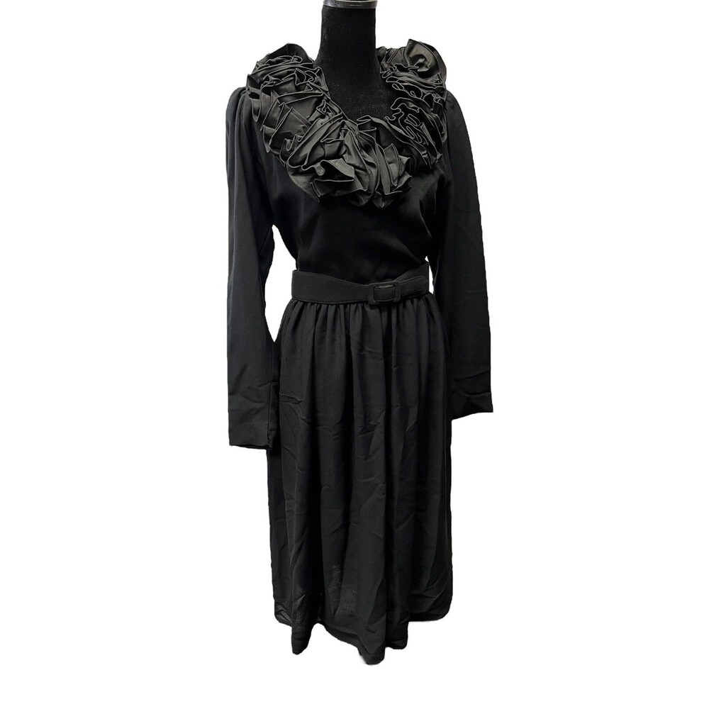 STUNNING Vintage Morton Myles Black Ruffle Neckline Belted Dress Size 12
